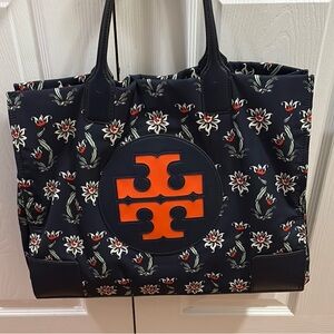 Tory Burch Floral Ella Tote Bag - Navy & Orange